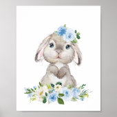 Cute Bunny, Rabbit, Blue Flowers, Boy Nursery Poster (Voorkant)