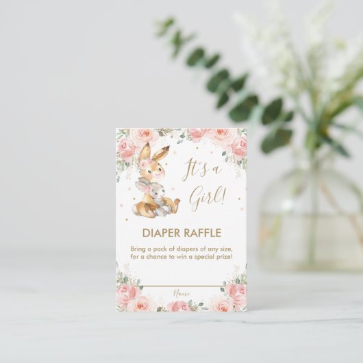 Cute Bunny Rabbit Blush Floral Diaper Raffle  Informatiekaartje (Staand voorkant)