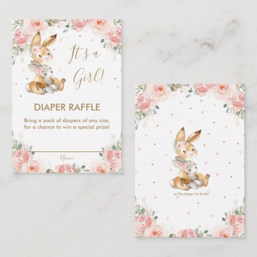 Cute Bunny Rabbit Blush Floral Diaper Raffle  Informatiekaartje (Voorkant / Achterkant)