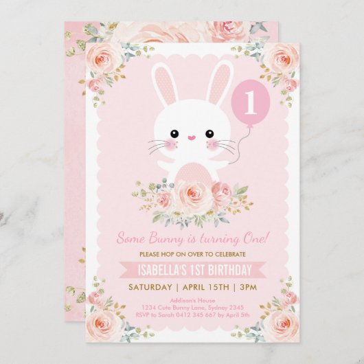 Cute Bunny Rabbit Blush Floral Paasdag Kaart (Voorkant / Achterkant)