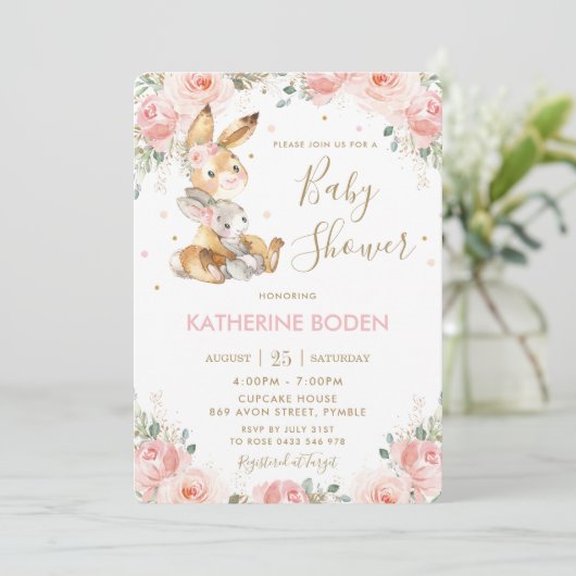 Cute Bunny Rabbit Blush Pink Floral Baby shower Kaart (Staand voorkant)