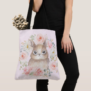 Cute Bunny Rabbit/Blush Pink Floral Wreate Tote Bag