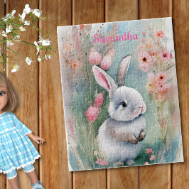 Cute Bunny Rabbit en Waterverf Spring Flowers Legpuzzel
