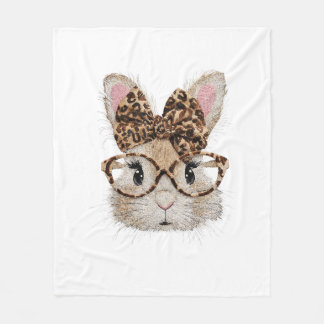 Cute Bunny Rabbit Face Leopard Coquette Bow Glasse Fleece Deken