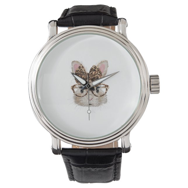 Cute Bunny Rabbit Face Leopard Coquette Bow Glasse Horloge (Voorkant)