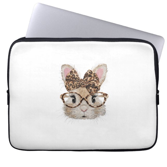 Cute Bunny Rabbit Face Leopard Coquette Bow Glasse Laptop Sleeve (Voorkant)