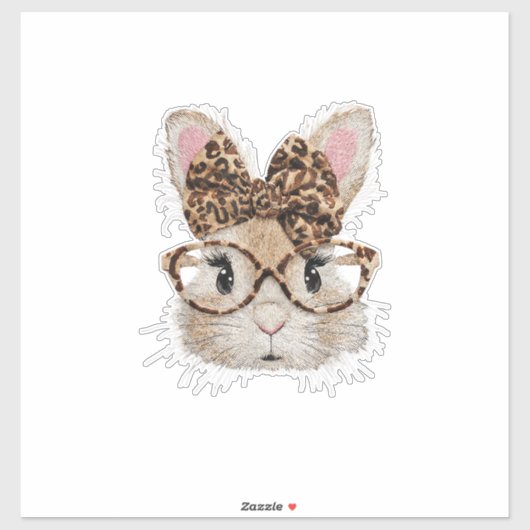 Cute Bunny Rabbit Face Leopard Coquette Bow Glasse Sticker (Vel)