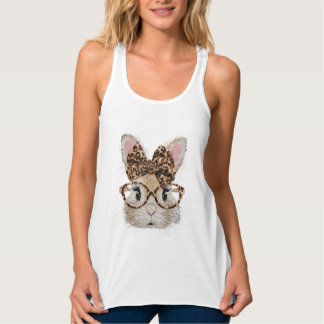 Cute Bunny Rabbit Face Leopard Coquette Bow Glasse Tanktop