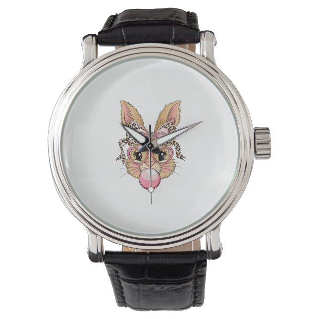 Cute Bunny Rabbit Face Leopard Glasses Girl Happy  Horloge (Voorkant)