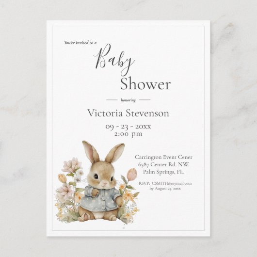 Cute Bunny Rabbit Floral Baby shower Invitation Briefkaart (Voorkant)