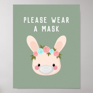 Cute Bunny Rabbit Floral Draag Mask Green Covid Poster