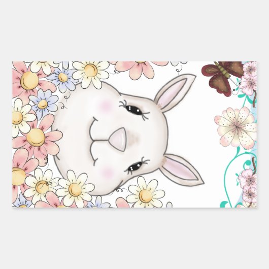 Cute Bunny Rabbit Flowers & Butterflies Rechthoekige Sticker (Voorkant)