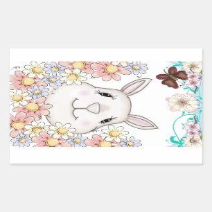 Cute Bunny Rabbit Flowers & Butterflies Rechthoekige Sticker