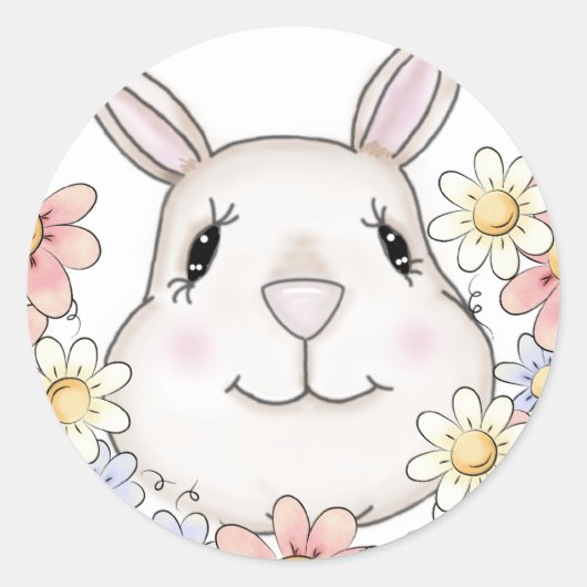 Cute Bunny Rabbit Flowers & Butterflies Ronde Sticker (Voorkant)