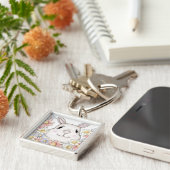 Cute Bunny Rabbit Flowers & Butterflies Sleutelhanger (Zijkant)