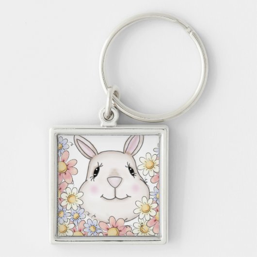Cute Bunny Rabbit Flowers & Butterflies Sleutelhanger (Voorkant)