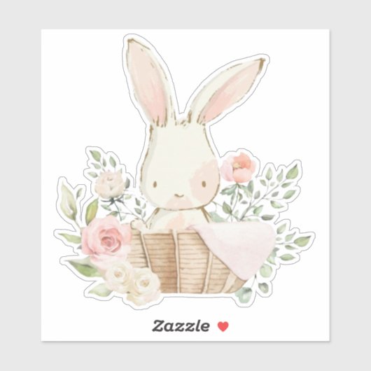 Cute Bunny Rabbit Flowers Roze Sticker (Vel)
