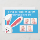 Cute Bunny Rabbit Foto Collage 1e Verjaardagsfeest Kaart (Voorkant)