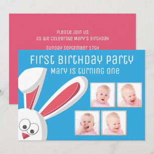 Cute Bunny Rabbit Foto Collage 1st Birthday Party Kaart