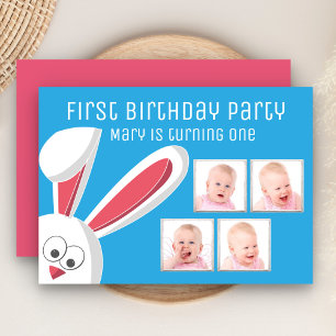 Cute Bunny Rabbit Foto Collage 1st Birthday Party Kaart