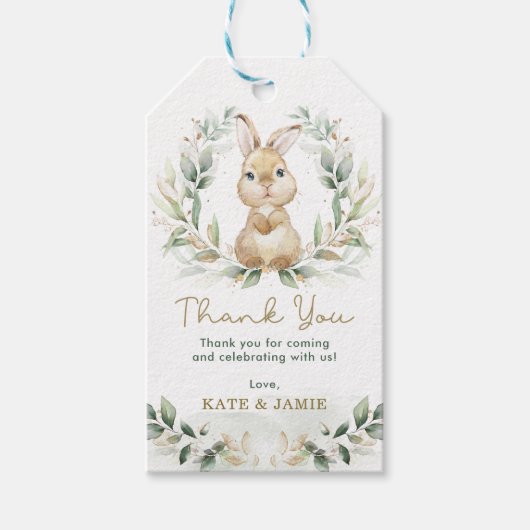 Cute Bunny Rabbit Greenery Gold Eucalyptus Wreath Cadeaulabel (Voorkant)