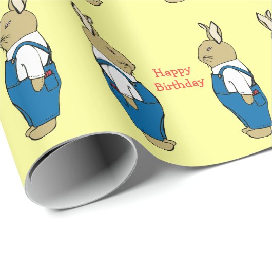 Cute Bunny Rabbit in Overalls Kinder Happy Birthda Cadeaupapier (Rol Hoek)