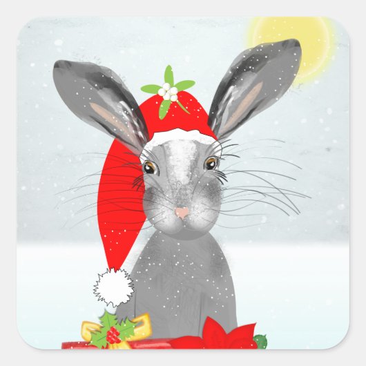 Cute Bunny Rabbit Kerstfeestay Theme Vierkante Sticker (Voorkant)
