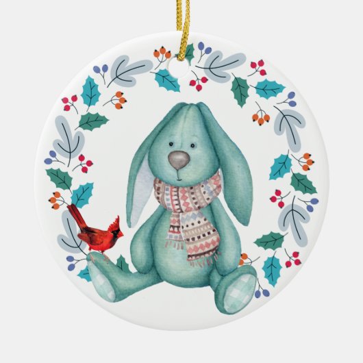 Cute Bunny Rabbit met Bird Wreate Kerstmis Keramisch Ornament (Voorkant)