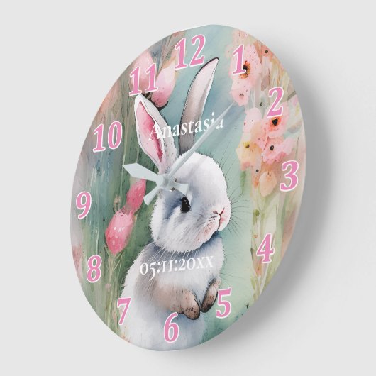 Cute Bunny Rabbit Pastel Waterverf Spring Flowers Grote Klok (Hoek)
