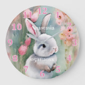 Cute Bunny Rabbit Pastel Waterverf Spring Flowers Grote Klok (Voorkant)