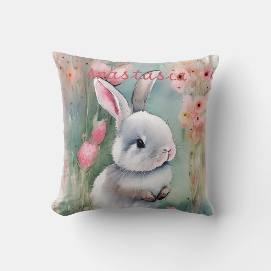 Cute Bunny Rabbit Pastel Waterverf Spring Flowers Kussen (Voorkant)