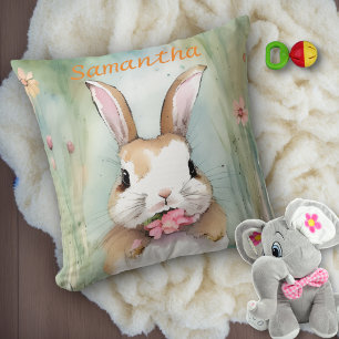 Cute Bunny Rabbit Pastel Waterverf Spring Flowers Kussen