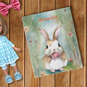 Cute Bunny Rabbit Pastel Waterverf Spring Flowers Legpuzzel