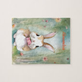 Cute Bunny Rabbit Pastel Waterverf Spring Flowers Legpuzzel (Horizontaal)