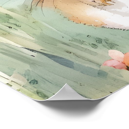 Cute Bunny Rabbit Pastel Waterverf Spring Flowers Poster (Hoek)