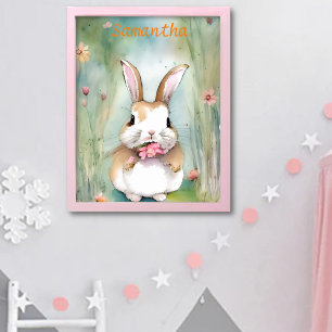 Cute Bunny Rabbit Pastel Waterverf Spring Flowers Poster