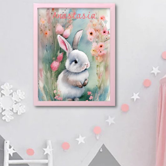 Cute Bunny Rabbit Pastel Waterverf Spring Flowers Poster