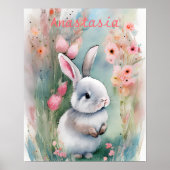 Cute Bunny Rabbit Pastel Waterverf Spring Flowers Poster (Voorkant)