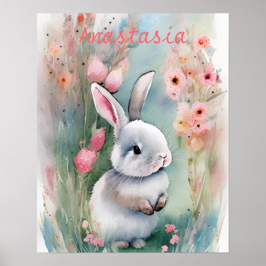Cute Bunny Rabbit Pastel Waterverf Spring Flowers Poster (Voorkant)