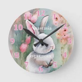 Cute Bunny Rabbit Pastel Waterverf Spring Flowers Ronde Klok
