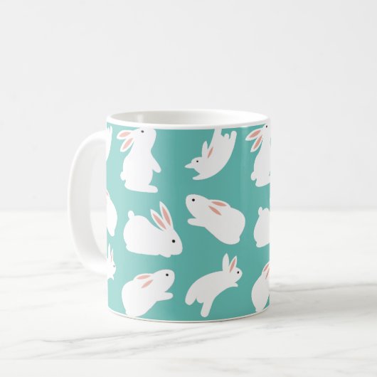 Cute Bunny Rabbit Pattern on Teal Koffiemok (Voorkant links)