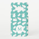 Cute Bunny Rabbit Pattern on Teal Monogram Samsung Galaxy S10E Hoesje<br><div class="desc">Adorable white bunny pattern on teal (you can customise background color)</div>