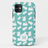Cute Bunny Rabbit Pattern op Blauwgroen Monogram Case-Mate iPhone Case (Achterkant)