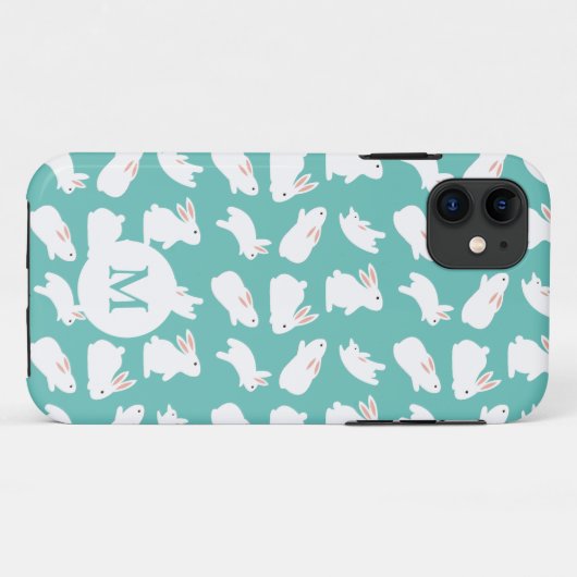 Cute Bunny Rabbit Pattern op Blauwgroen Monogram Case-Mate iPhone Case (Achterkant (horizontaal))