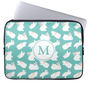 Cute Bunny Rabbit Pattern op Blauwgroen Monogram Laptop Sleeve