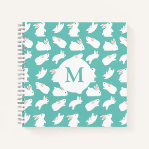 Cute Bunny Rabbit Pattern op Blauwgroen Monogram Notitieboek