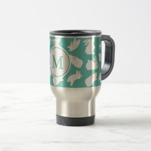 Cute Bunny Rabbit Pattern op Blauwgroen Monogram Reisbeker