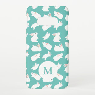 Cute Bunny Rabbit Pattern op Blauwgroen Monogram Samsung Galaxy S10E Hoesje