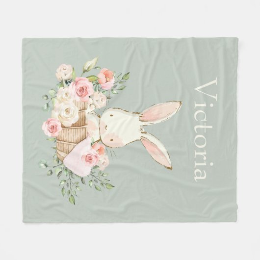 Cute Bunny Rabbit Personalized Modern Green Fleece Deken (Voorkant (Horizontaal))