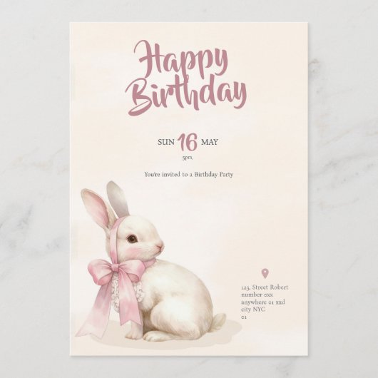 cute Bunny rabbit pink birthday party invitation Kaart (Voorkant)